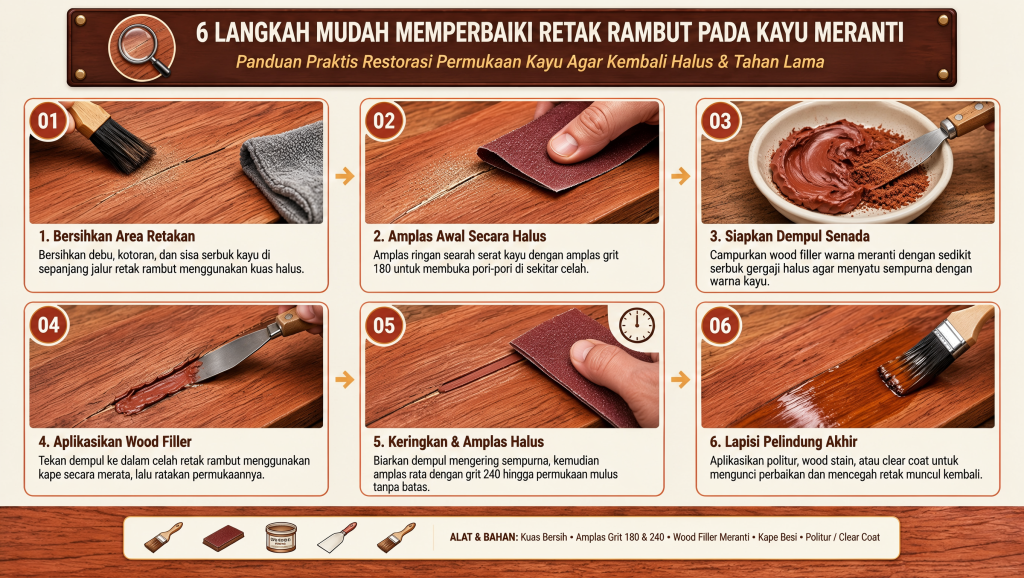 6 Langkah Mudah Memperbaiki Retak Rambut pada Kayu Meranti